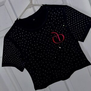 NWOT Black Rhinestone Crop Top with hot pink Cherry Drip Logo